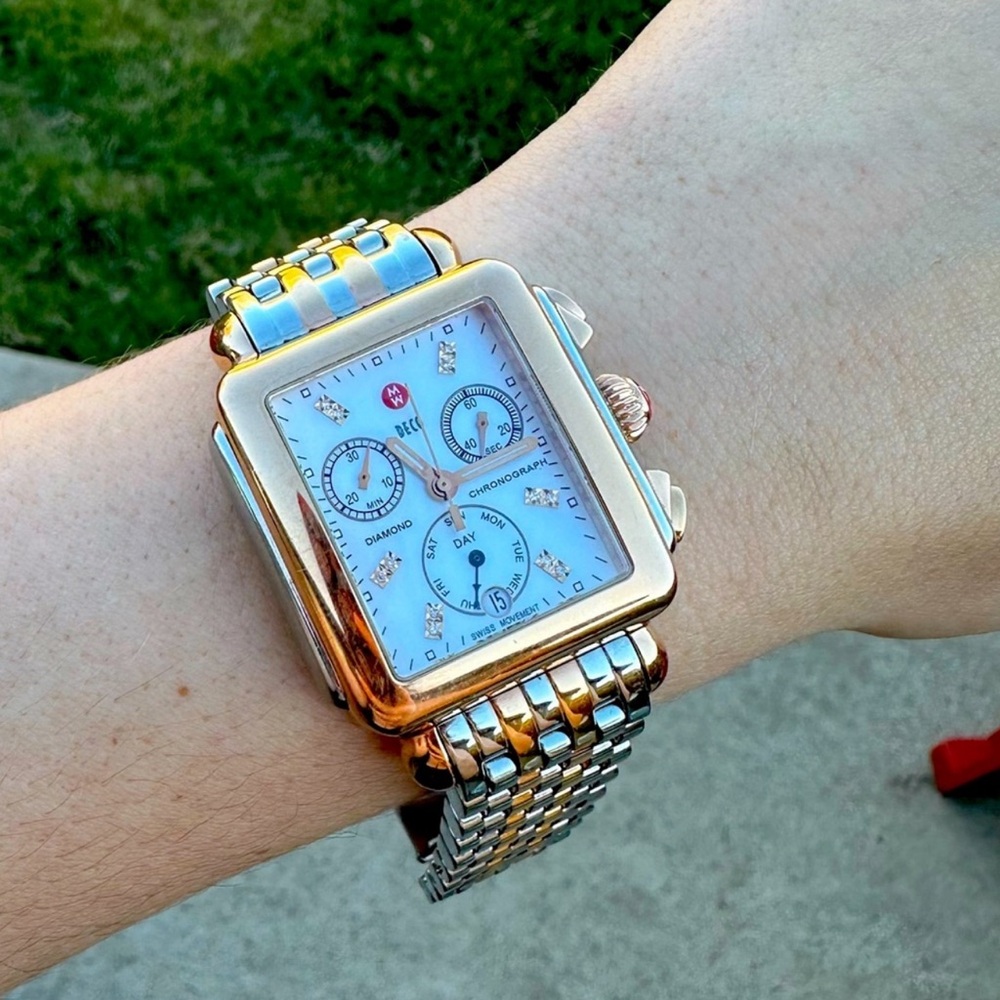 Deco two tone rosegold silver diamonds watch